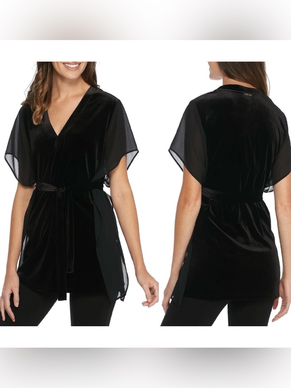 NWT, Michael Kors Black Stretch Velvet Mixed Media V neck Top (kimono style)